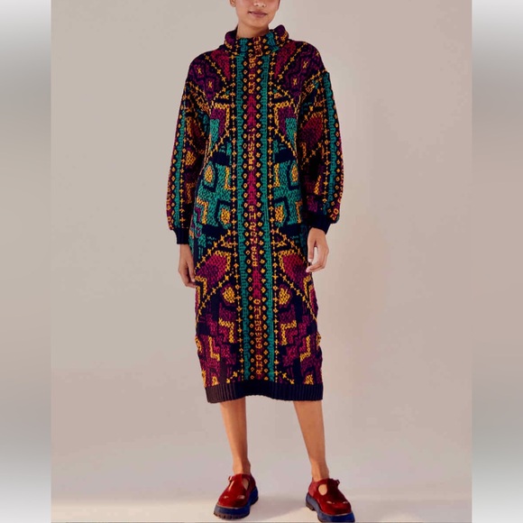 Farm Rio Yawanawa Stripes Midi Sweater Dress Multicolor Tribal Print Size Small - Picture 2 of 16